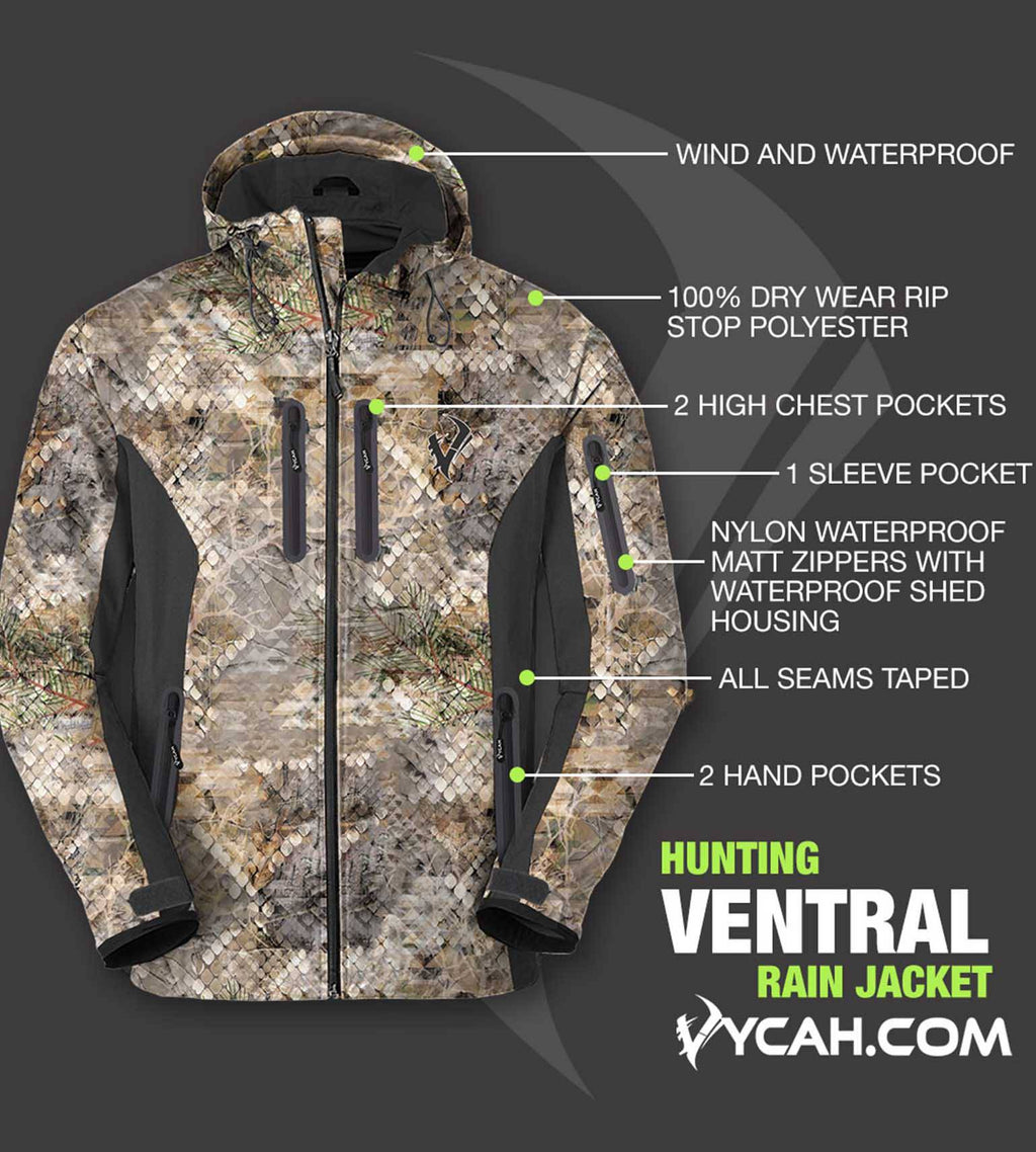 Vycah Ventral Rain Jacket features: wind and waterproof, 100% Dry Wear rip stop polyester, 2 high chest pockets, 1 sleeve pocket, nylon waterproof zippers with shed housing, all seams taped, 2 hand pockets