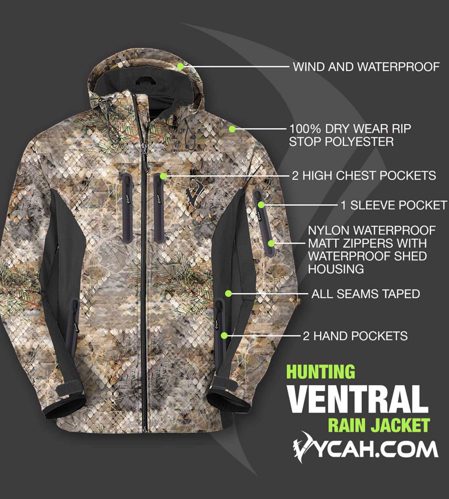 Vycah Ventral Rain Jacket features: wind and waterproof, 100% Dry Wear rip stop polyester, 2 high chest pockets, 1 sleeve pocket, nylon waterproof zippers with shed housing, all seams taped, 2 hand pockets