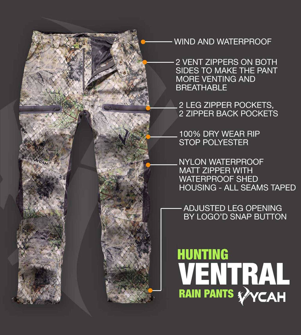 VYCAH Ventral hunting rain pants, windproof, waterproof camo with vent zippers and zip pockets