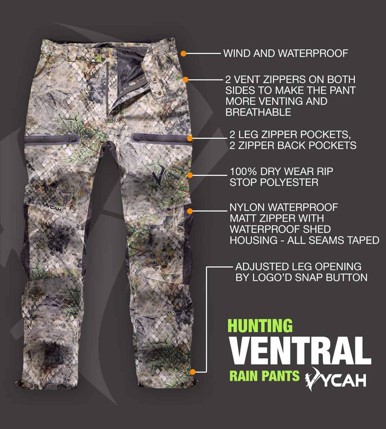 VYCAH Ventral hunting rain pants, windproof, waterproof camo with vent zippers and zip pockets