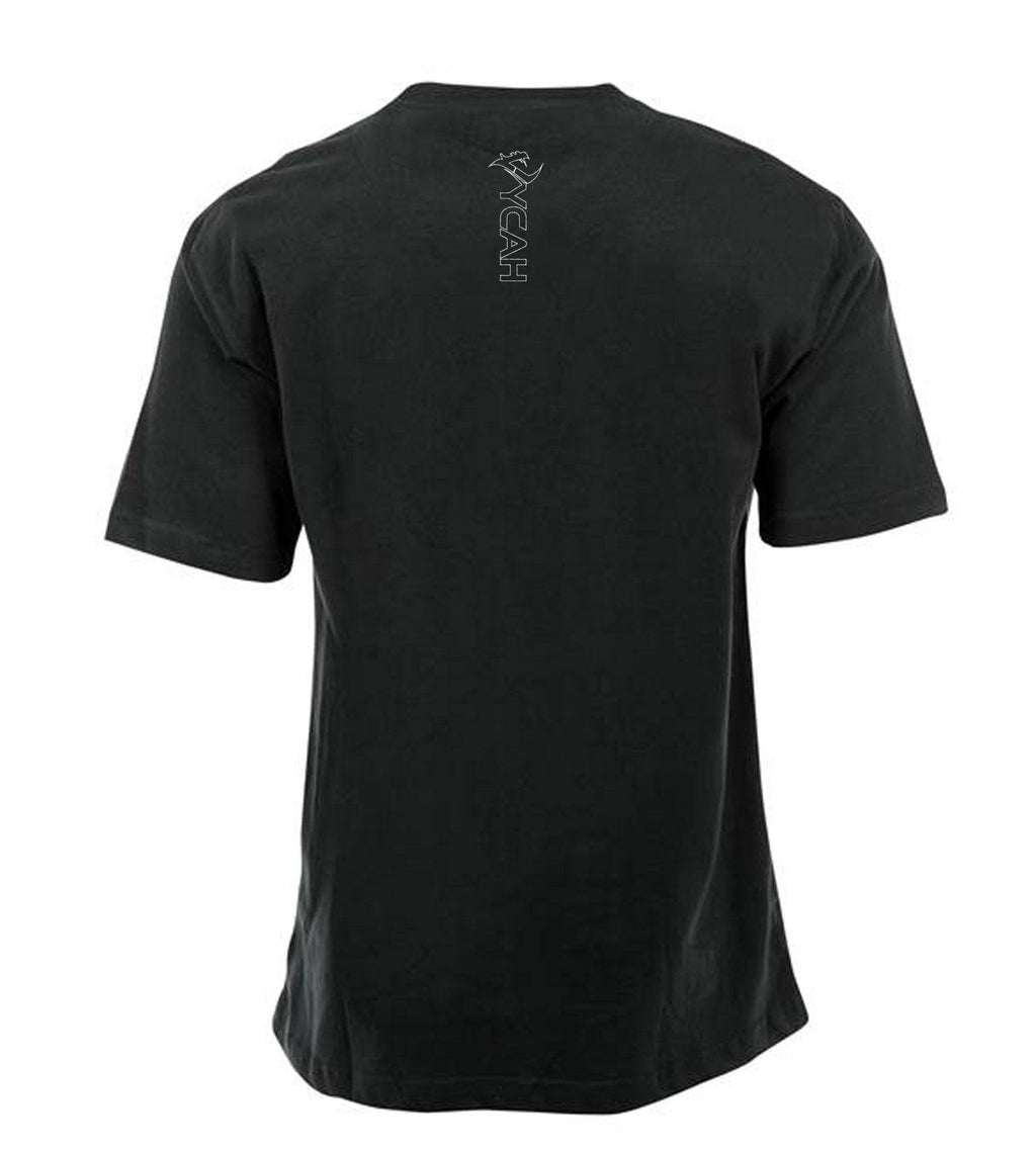 Black hunting t-shirt with vertical logo on back, ideal for outdoor adventures and field use.
