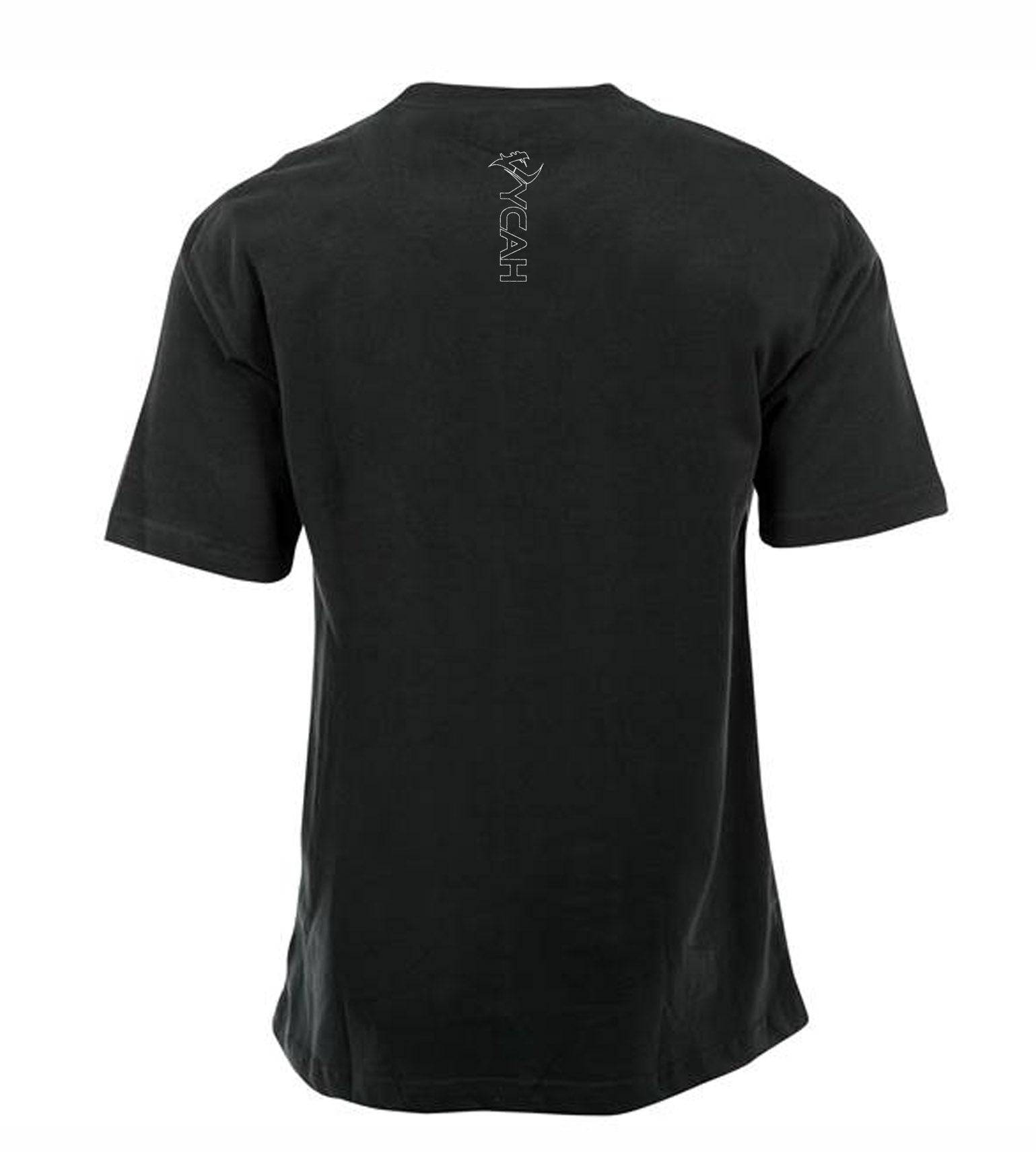 Black hunting t-shirt with vertical logo on back, ideal for outdoor adventures and field use.