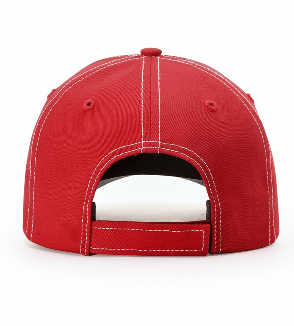 Red baseball cap with white contrast stitching, adjustable back strap for outdoor use