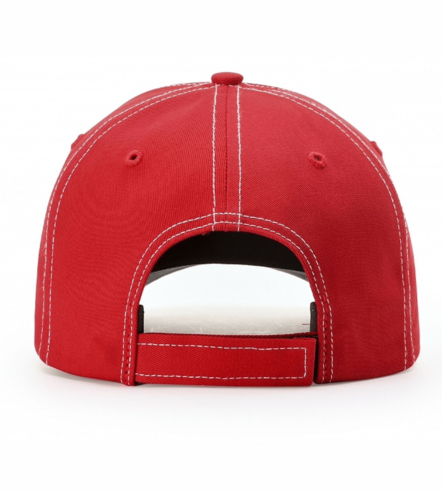 Red baseball cap with white contrast stitching, adjustable back strap for outdoor use