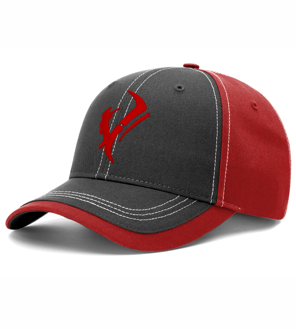 Gray and red hunting cap with deer logo, white stitching, ideal for outdoor adventures and hunting gear