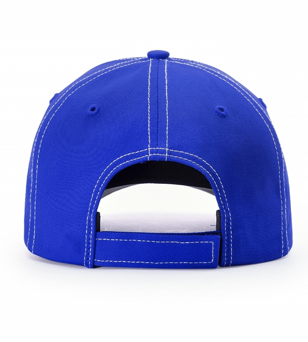 Royal blue baseball cap with white contrast stitching, adjustable back strap for outdoor use