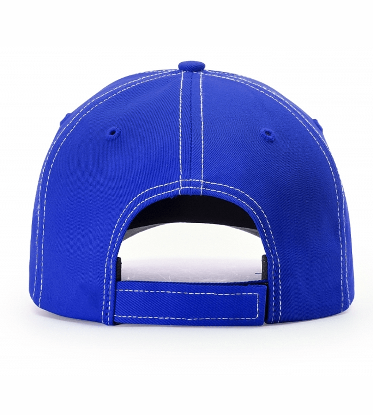 Royal blue baseball cap with white contrast stitching, adjustable back strap for outdoor use