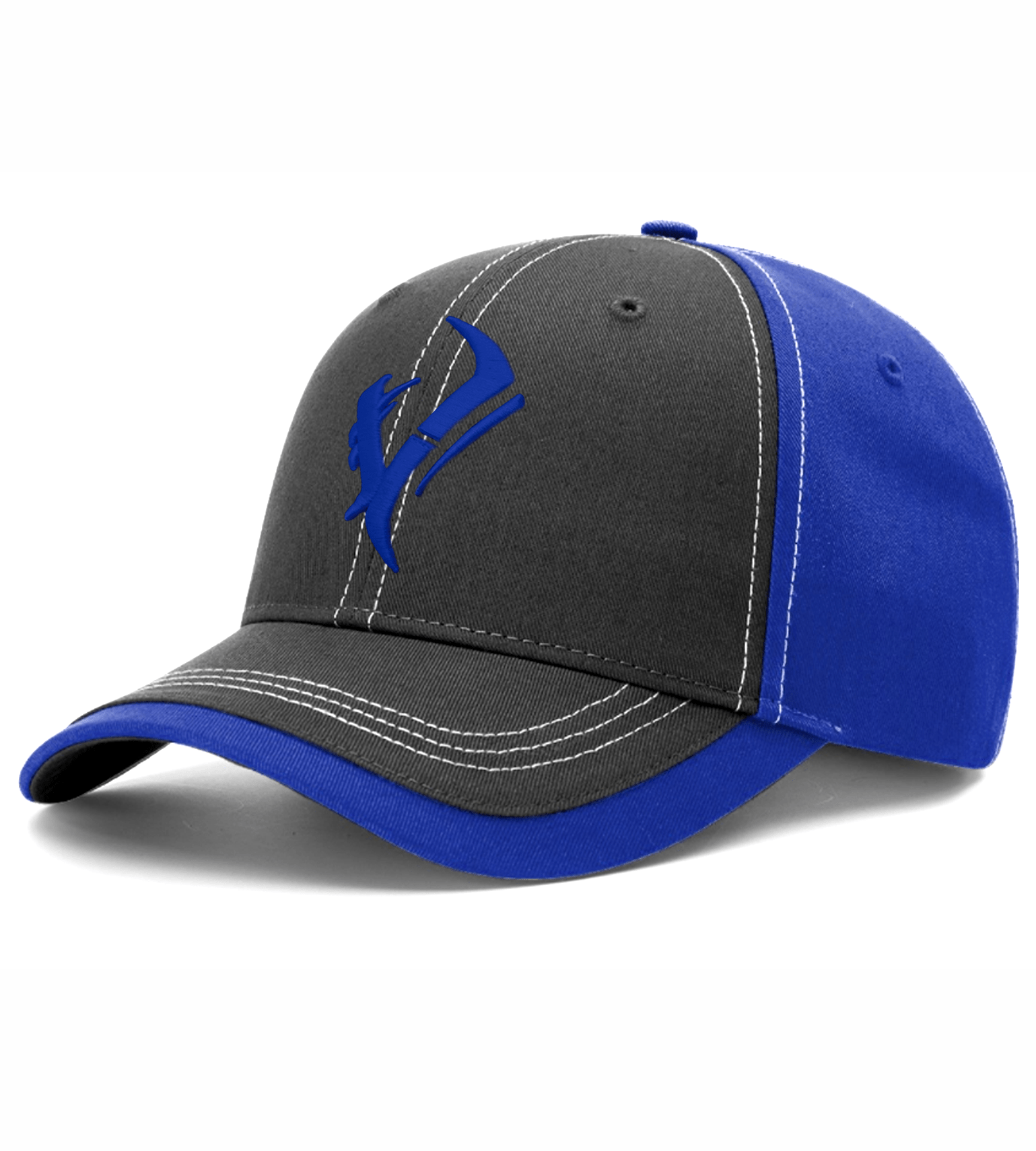 Gray and royal blue hunting cap with embroidered deer logo, white stitching, adjustable fit for outdoor use