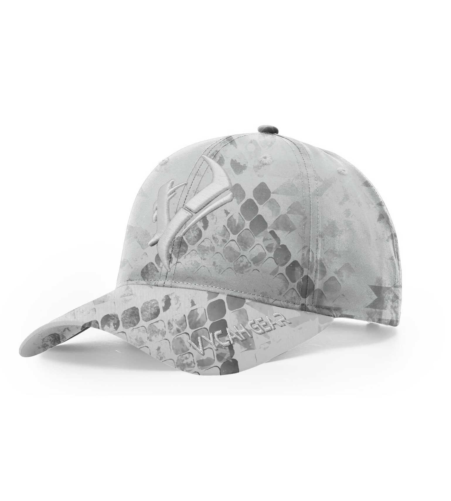 Gray camo hunting cap with snake scale pattern and embroidered logo for outdoor use