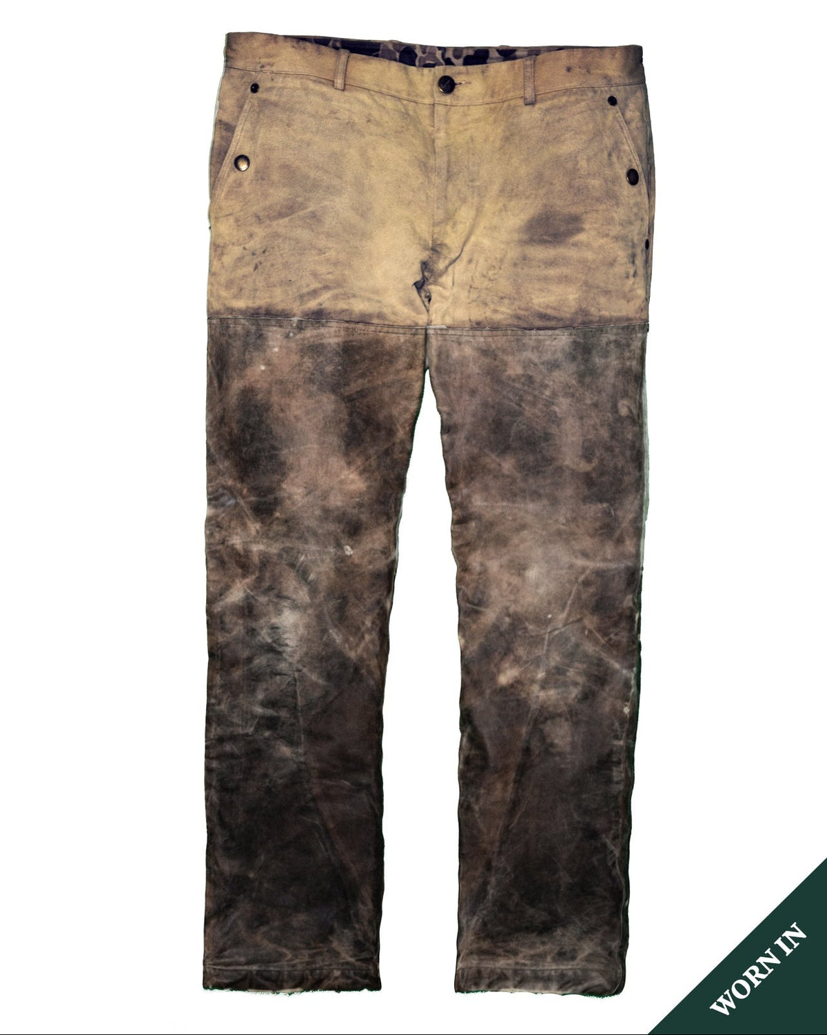 Worn-in example of the Original Field Pant showing how the waxed canvas ages