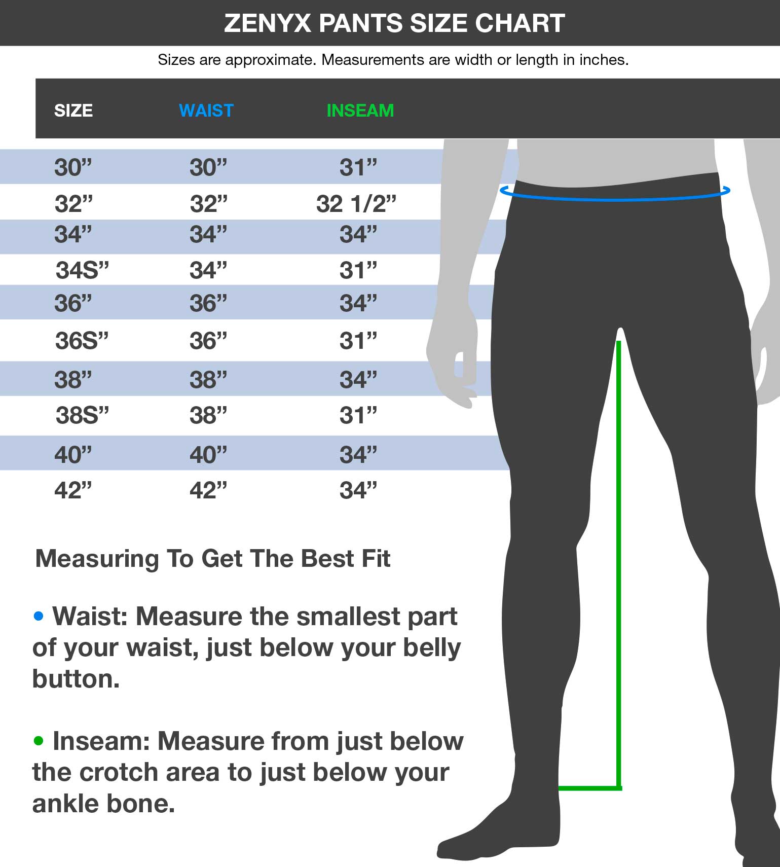 ZenYx Pants size chart with waist and inseam measurements for hunting apparel fit guide
