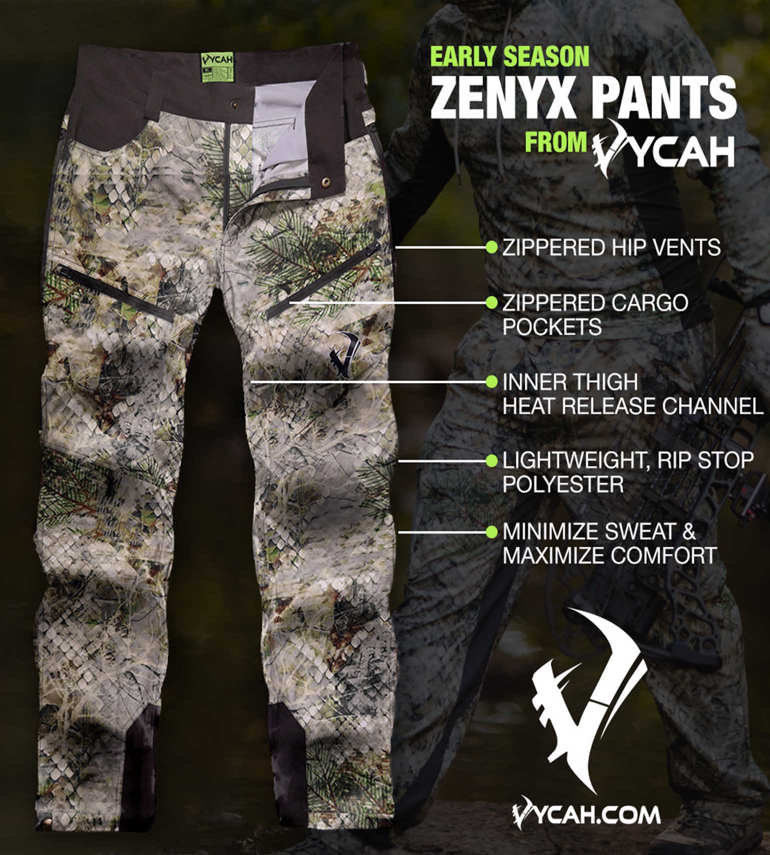 Zenynx hunting pants with camo pattern, zippered pockets, and lightweight ripstop polyester for early season comfort