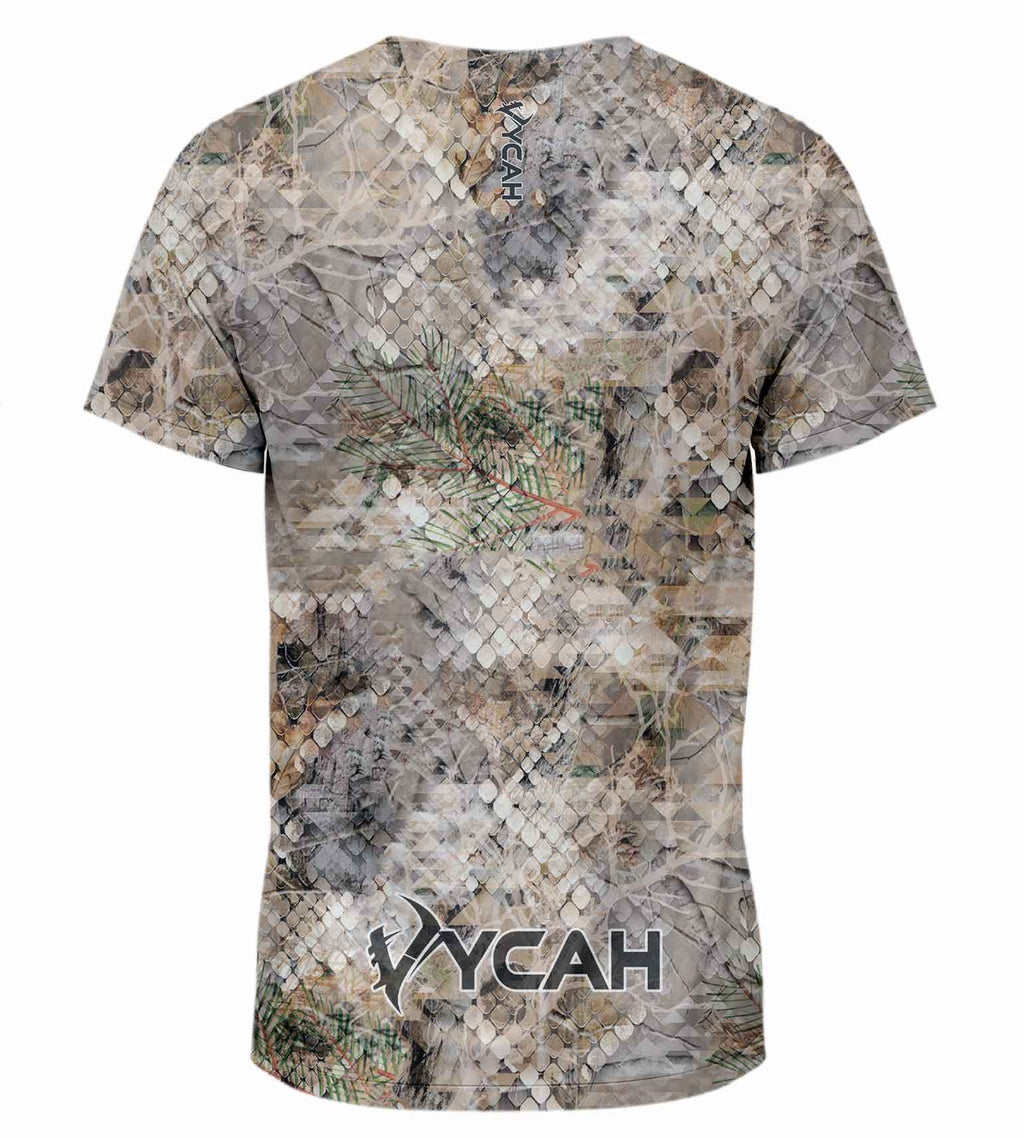 Camouflage hunting t-shirt with snake scale and pine needle pattern, ideal for outdoor stealth