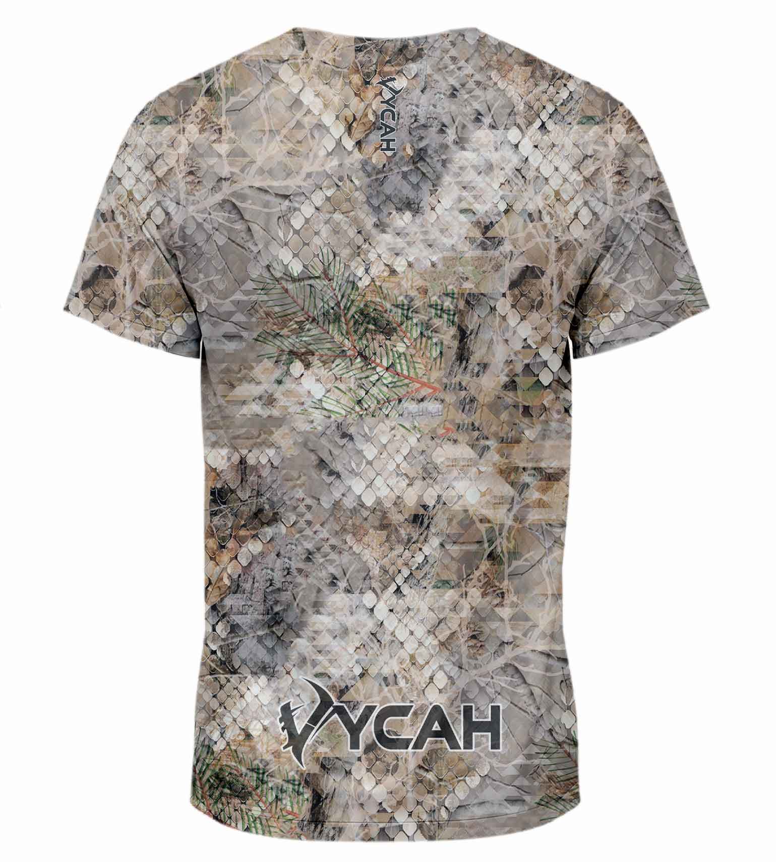Camouflage hunting t-shirt with snake scale and pine needle pattern, ideal for outdoor stealth