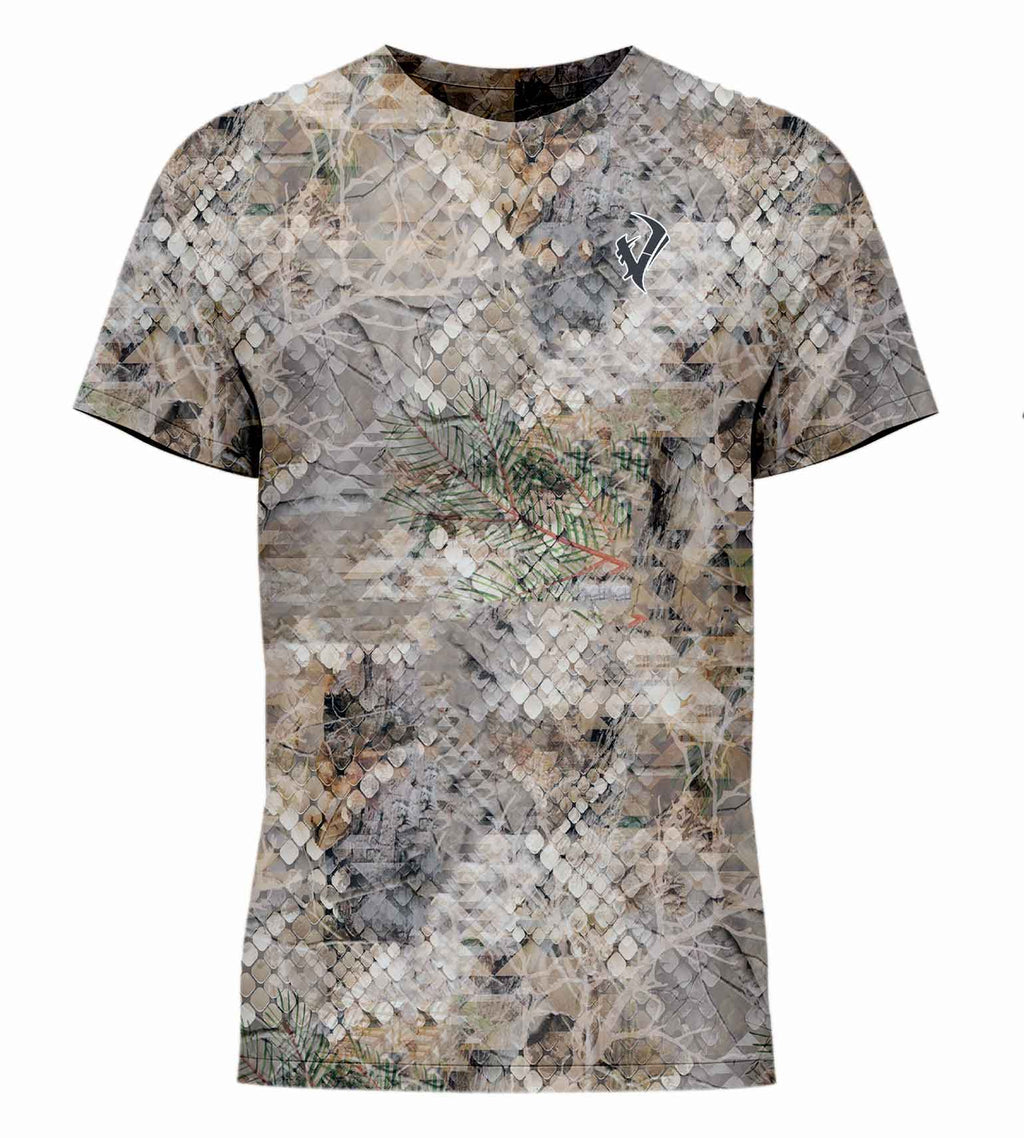 Camouflage hunting t-shirt with woodland pattern and subtle logo, ideal for outdoor concealment