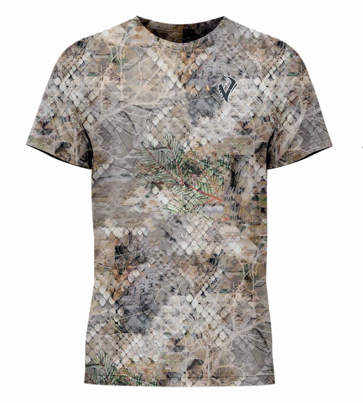 Camouflage hunting t-shirt with woodland pattern and subtle logo, ideal for outdoor concealment
