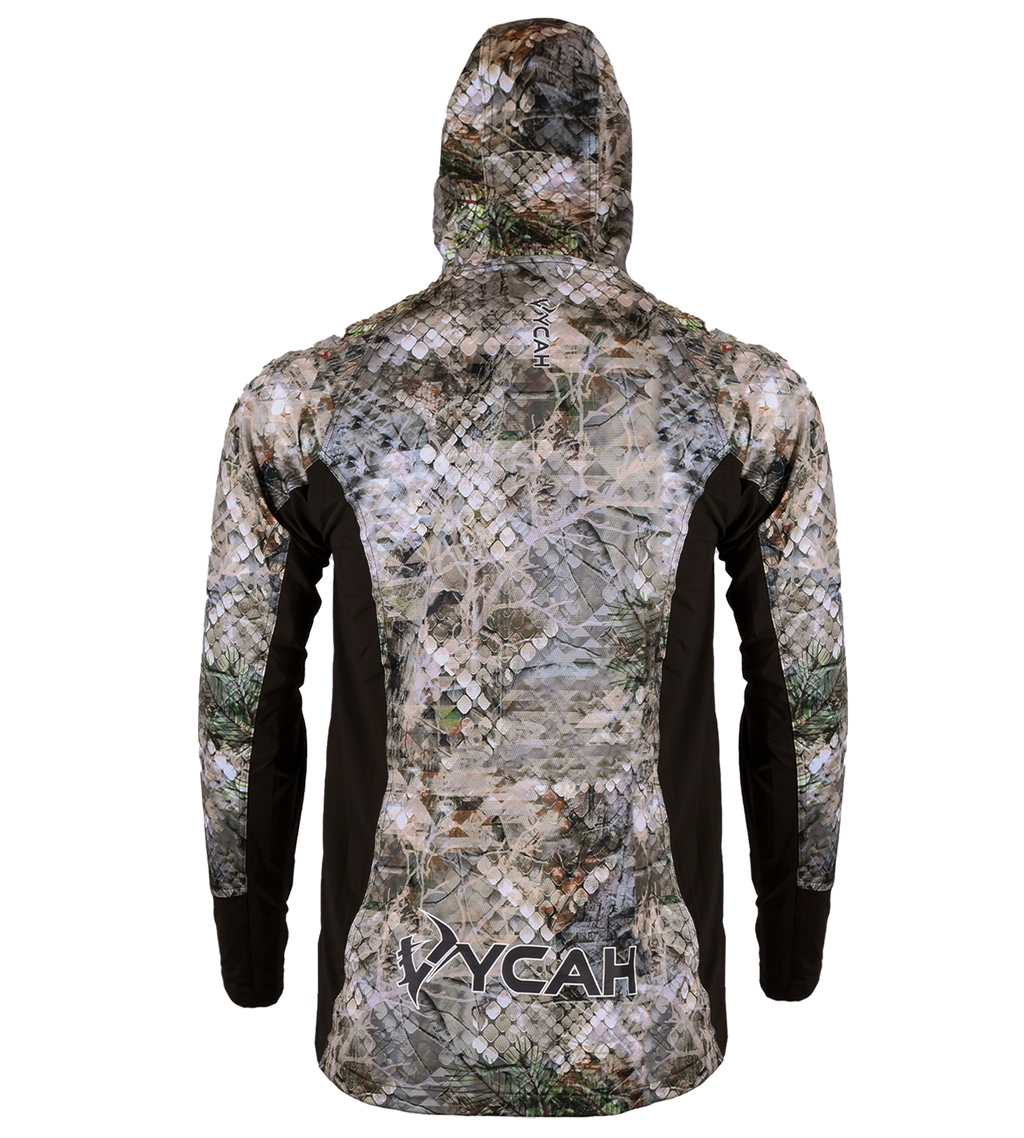 Vycah Zenyx Stealth Shirt Gen 2 in Fall camo, back view with hood up and Vycah logo at the lower back