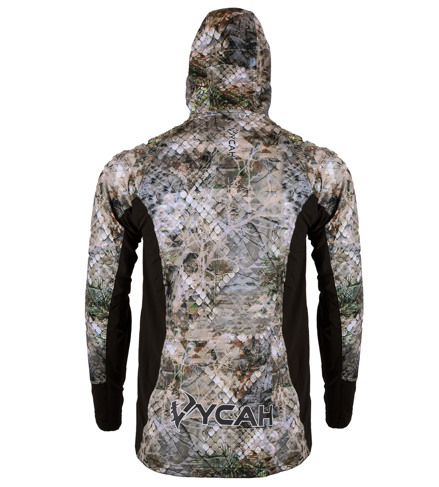 Vycah Zenyx Stealth Shirt Gen 2 in Fall camo, back view with hood up and Vycah logo at the lower back