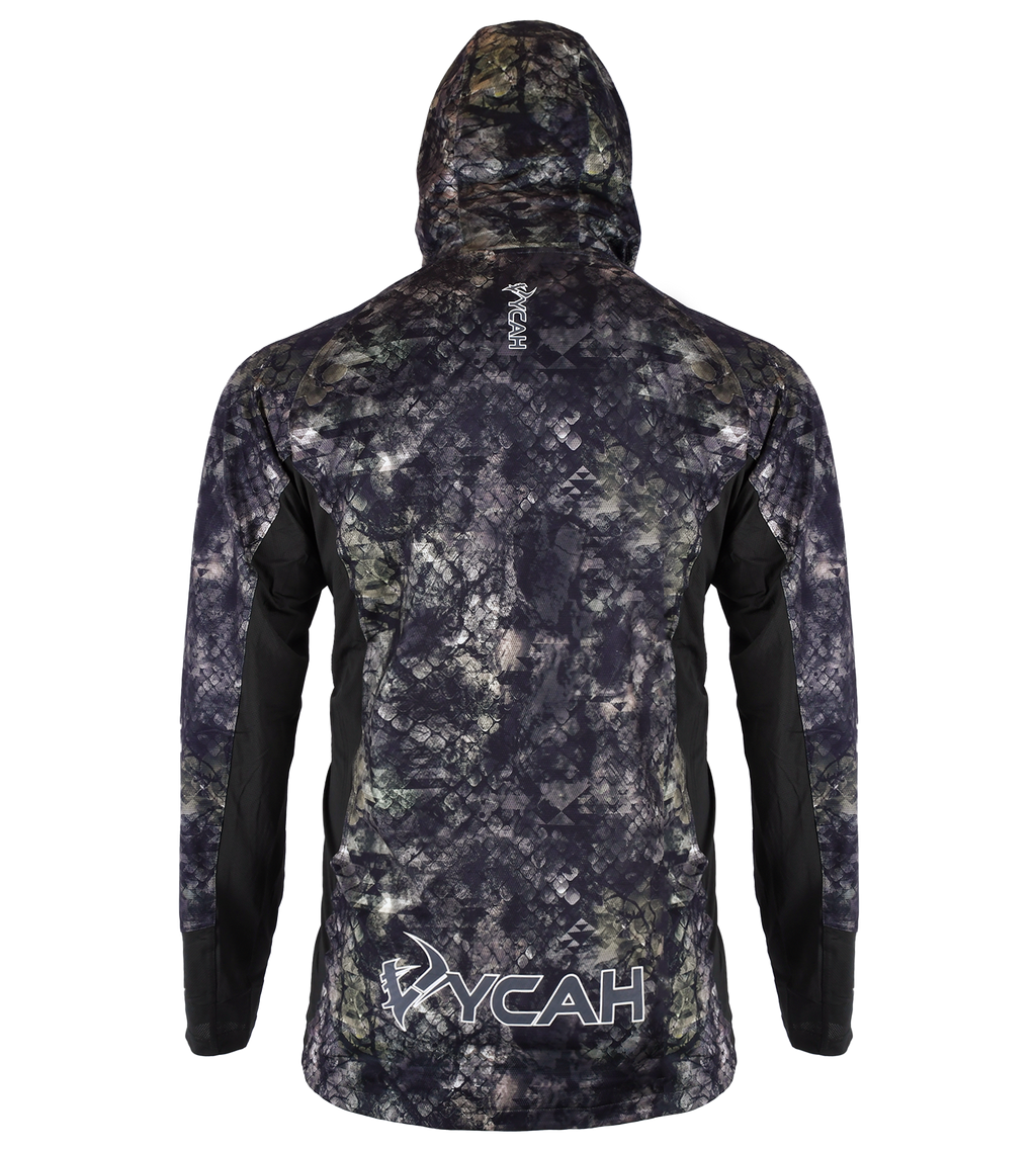 Vycah Zenyx Stealth Shirt Gen 2 in Deep Woods camo, back view with hood up and Vycah logo at the lower back