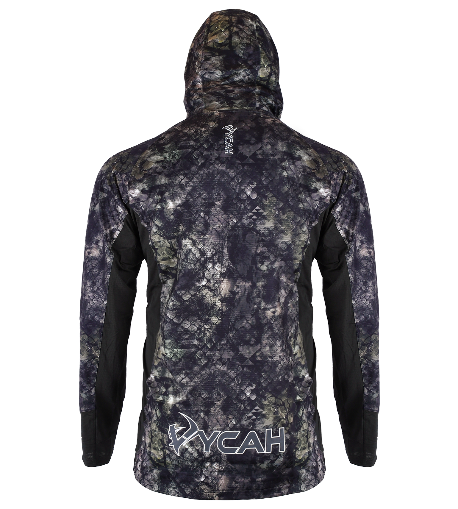Vycah Zenyx Stealth Shirt Gen 2 in Deep Woods camo, back view with hood up and Vycah logo at the lower back