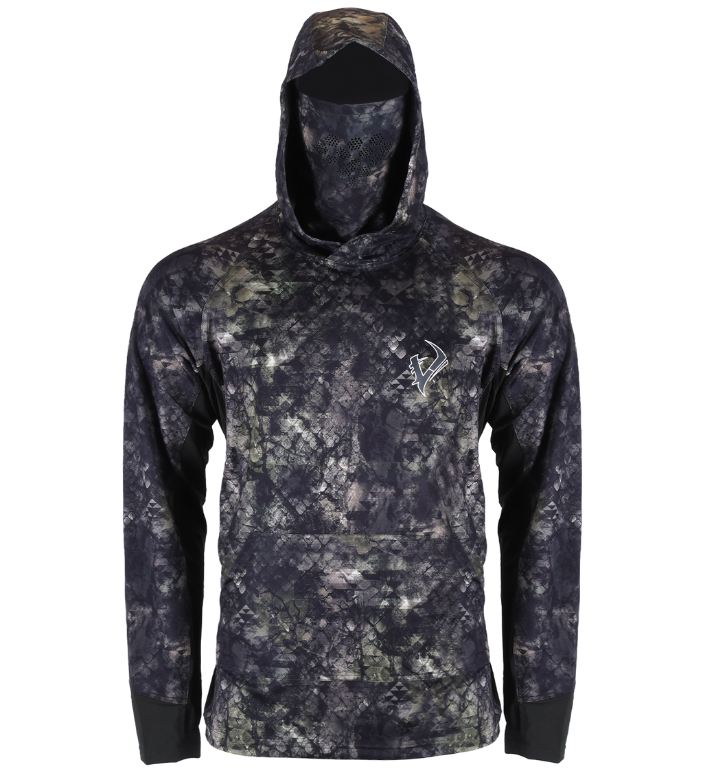 Vycah Zenyx Stealth Shirt Gen 2 in Deep Woods camo, front view with hood up, built-in face mask and kangaroo pocket