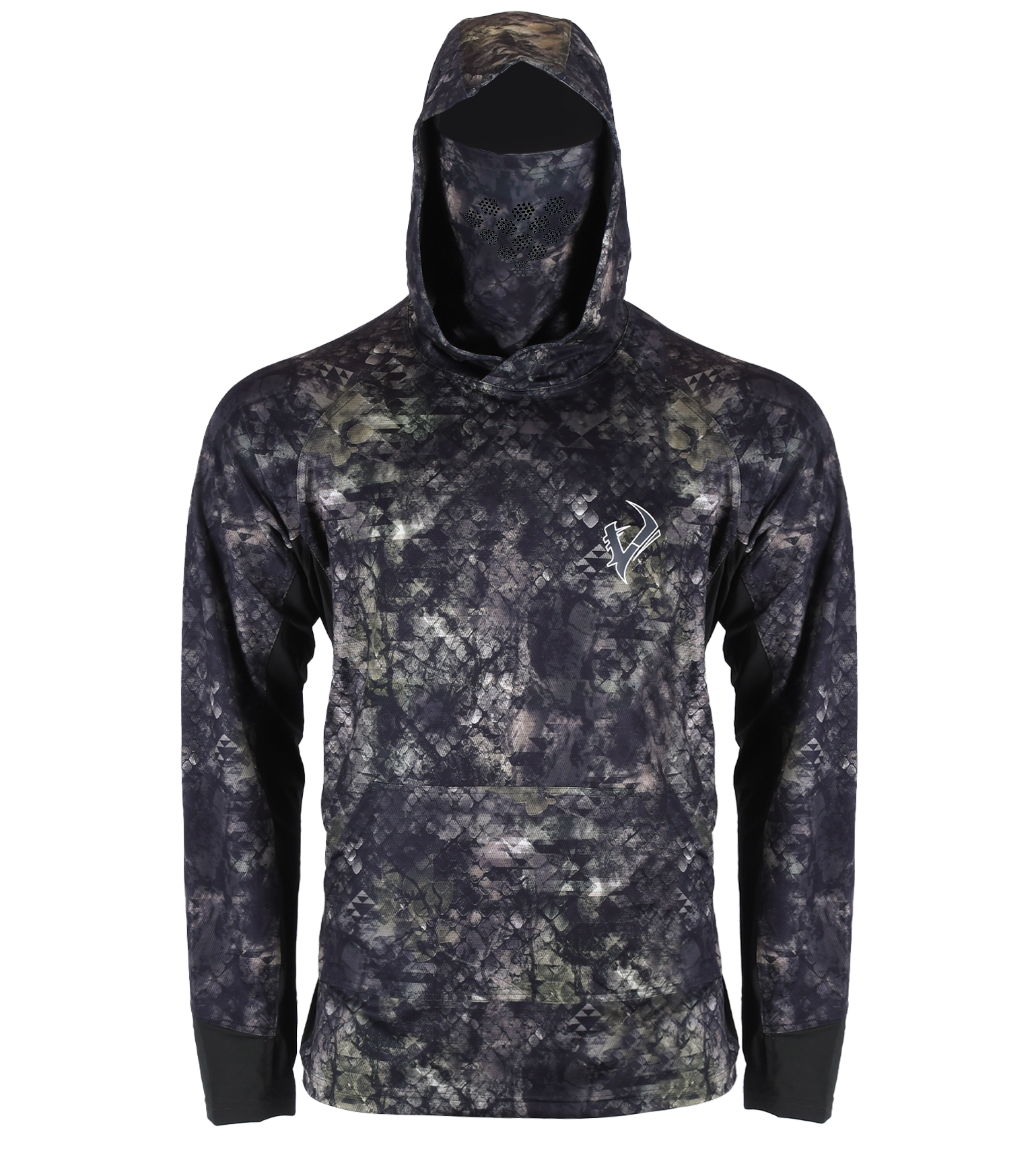 Vycah Zenyx Stealth Shirt Gen 2 in Deep Woods camo, front view with hood up, built-in face mask and kangaroo pocket