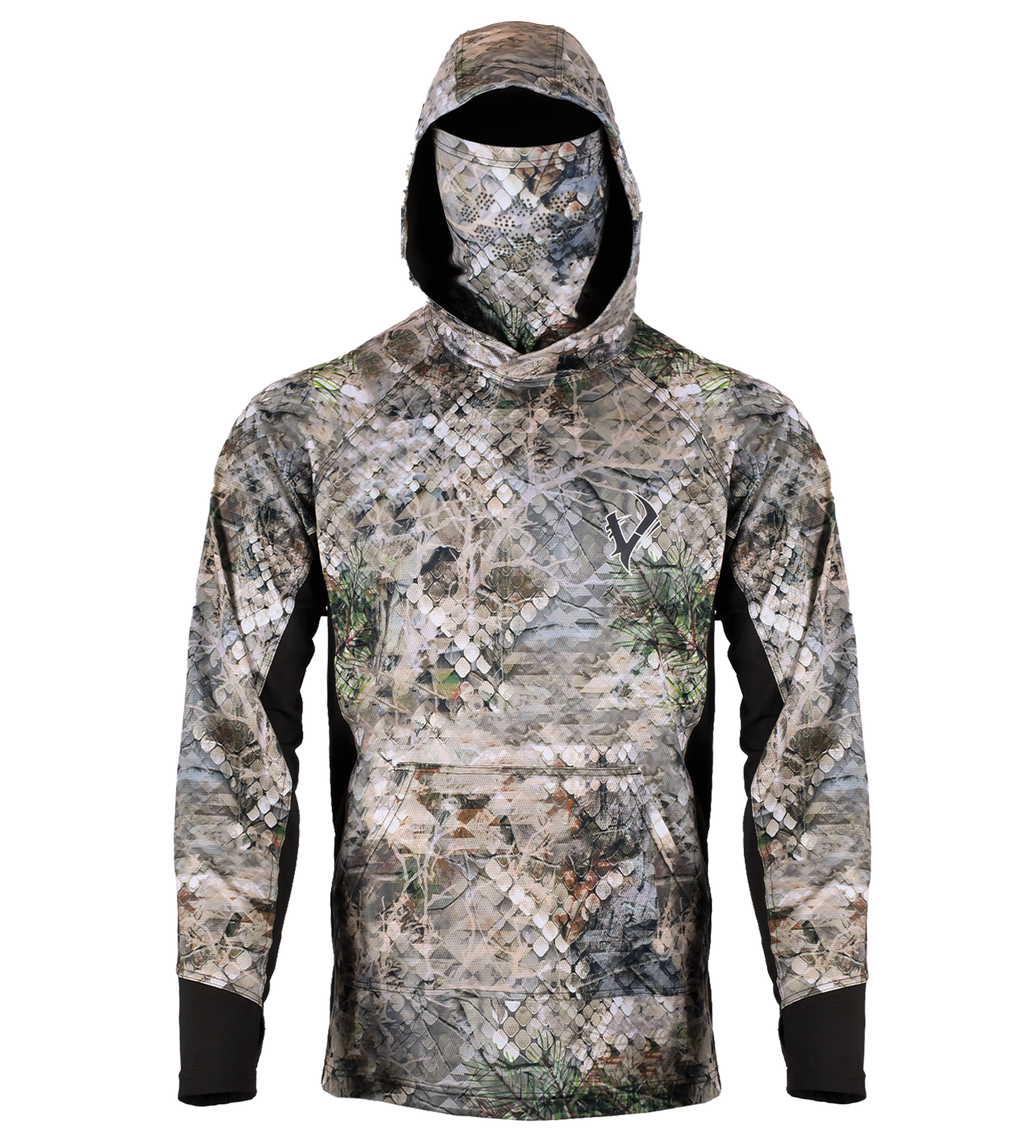 Vycah Zenyx Stealth Shirt Gen 2 in Fall camo, front view with hood up and built-in face mask pulled over the face