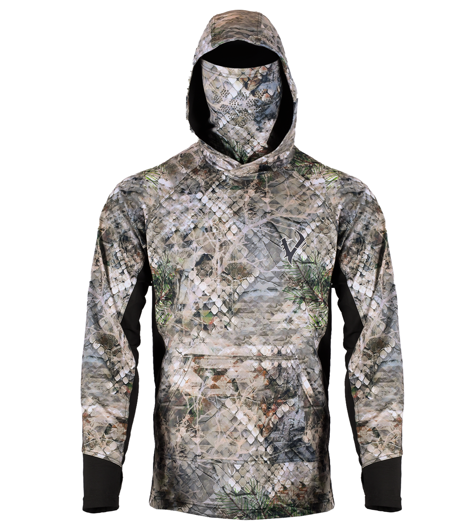 Vycah Zenyx Stealth Shirt Gen 2 in Fall camo, front view with hood up and built-in face mask pulled over the face